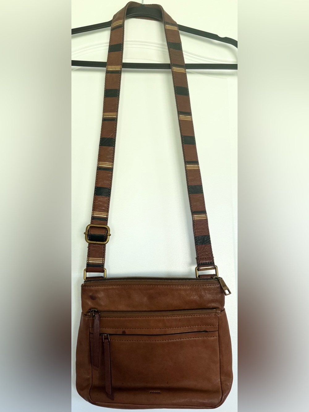 Fossil Brown Leather Crossbody Bag Multi Zip Organizer Purse